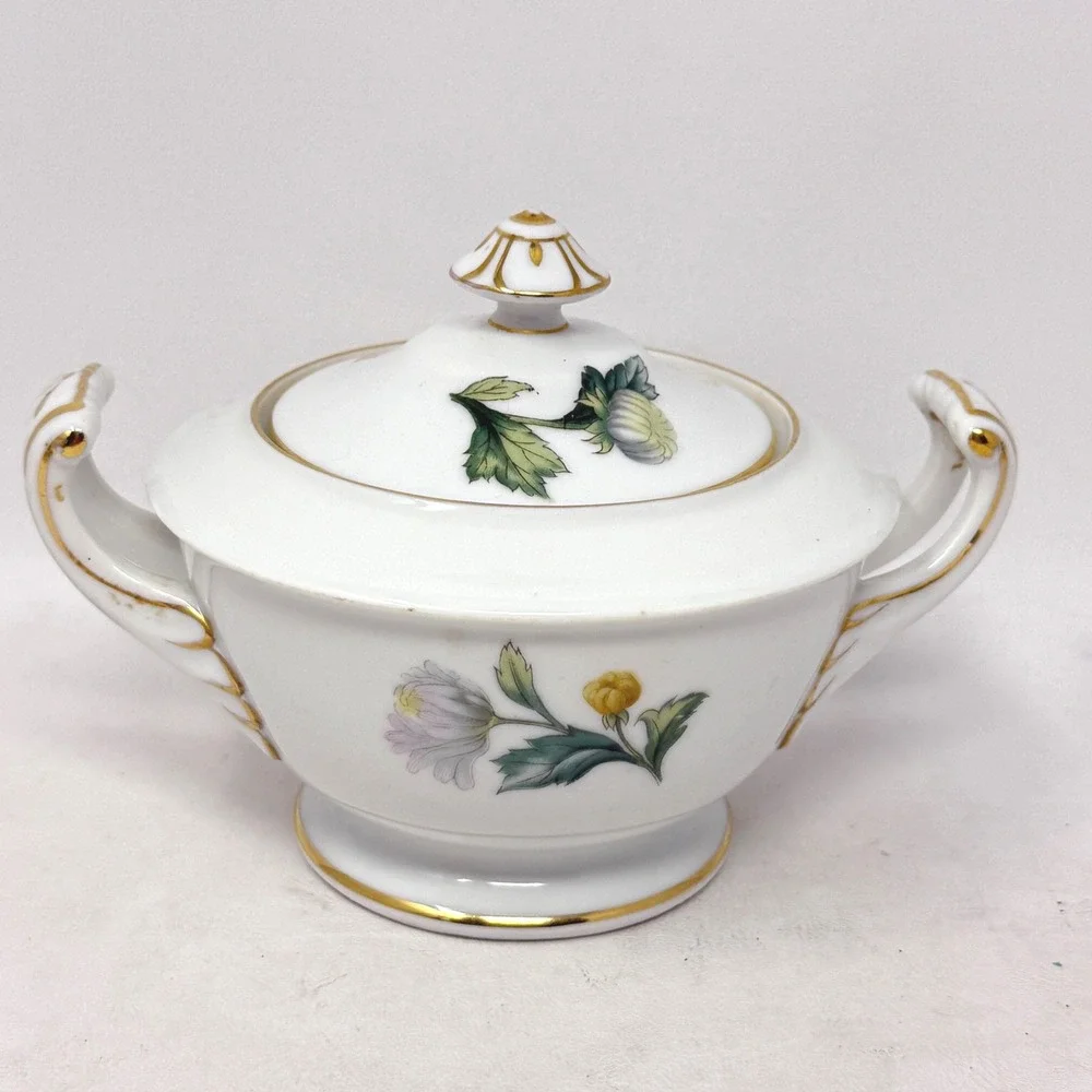 Sango Japan Chrysanthemum Lidded Sugar Bowl Gold Trim Floral Porcelain Vintage